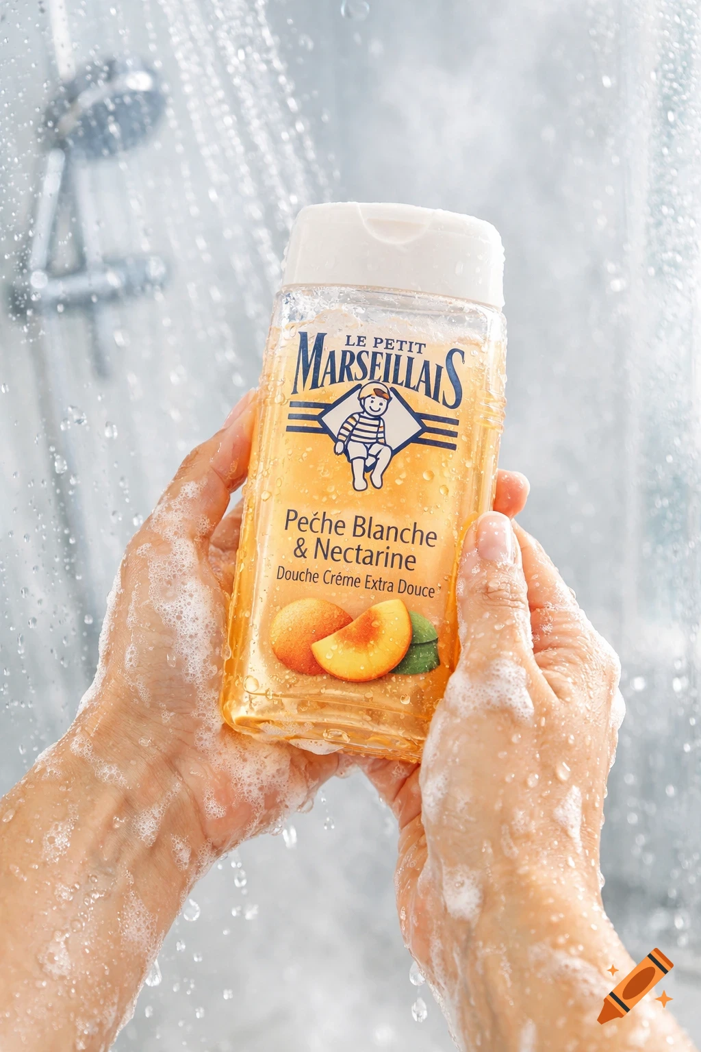 Hands covered in soap suds hold a 'Le Petit Marseillais' shower gel bottle under a running shower, photorealistic.