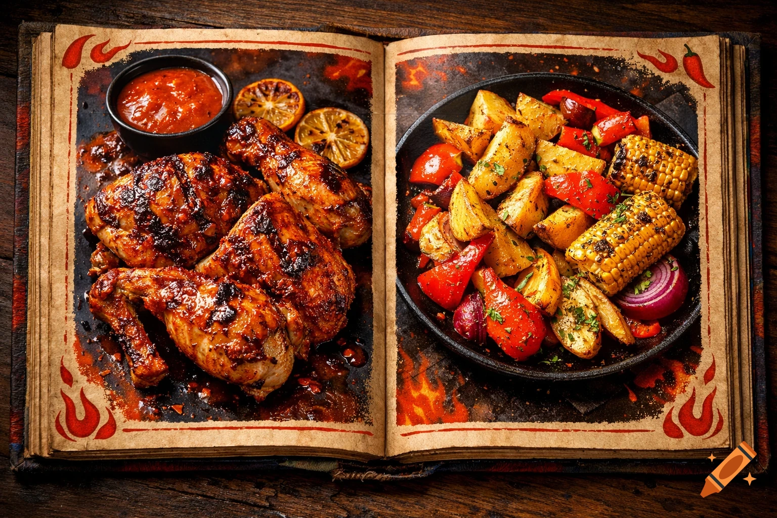An open cookbook displaying a spread of grilled chicken with a dipping sauce, alongside roasted potatoes, peppers, onions, and corn on the cob.
