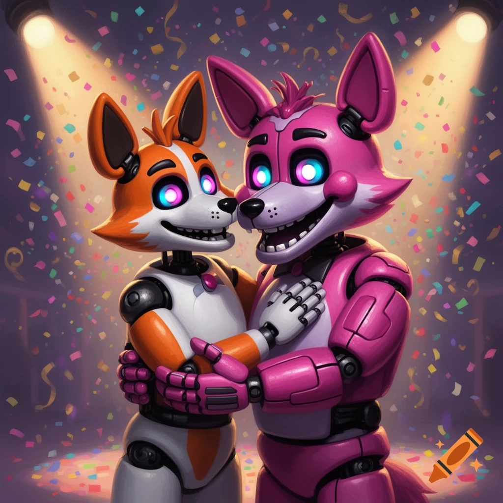 Two colorful fox-like animatronics, one orange and white, the other pink, hug lovingly under spotlights amidst falling confetti.