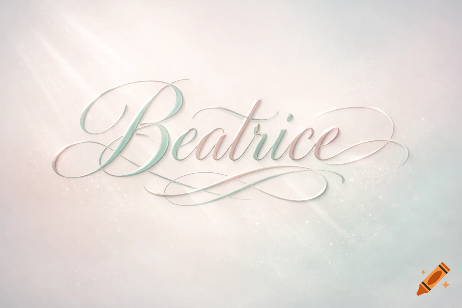 Elegant script text 'Beatrice' in light green and pink on a soft, glittering background.