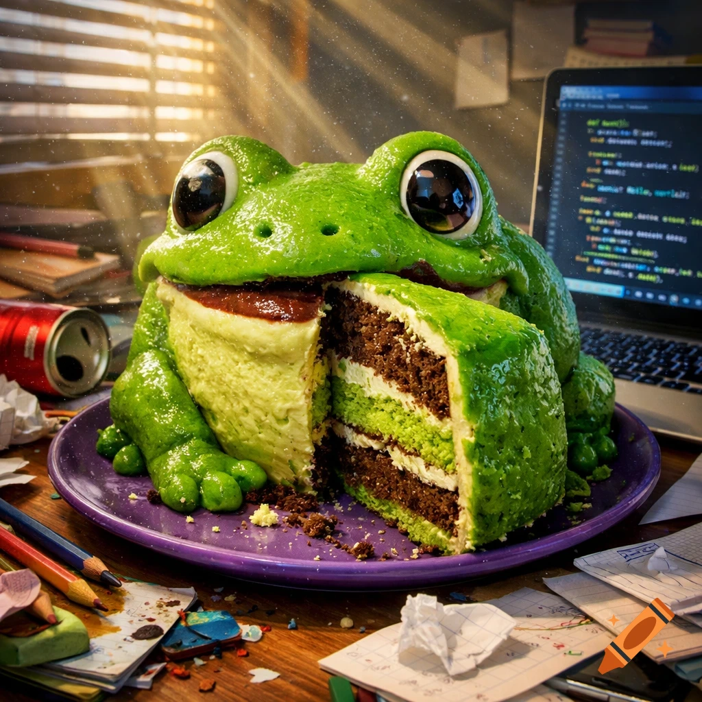 A photorealistic green frog-shaped cake with a slice cut out on a messy desk with a laptop, bathed in sunlight.