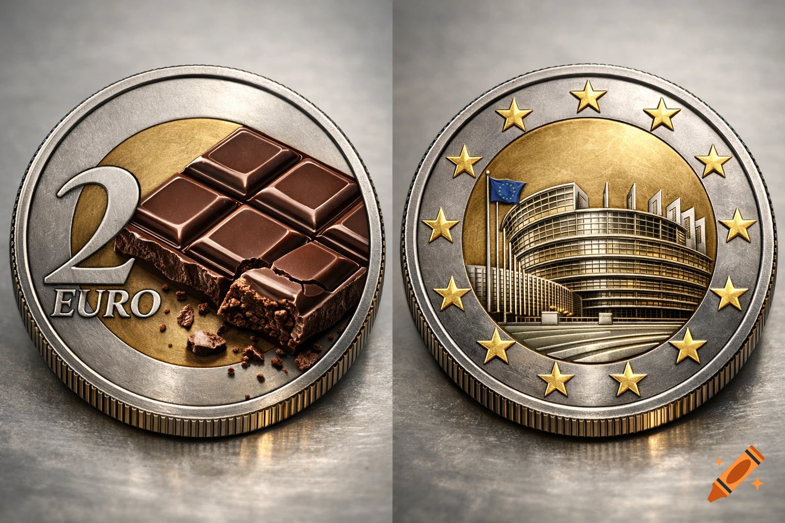 Two sides of a 2 Euro coin, one featuring a chocolate bar and '2 EURO', the other showing the European Parliament building and stars.