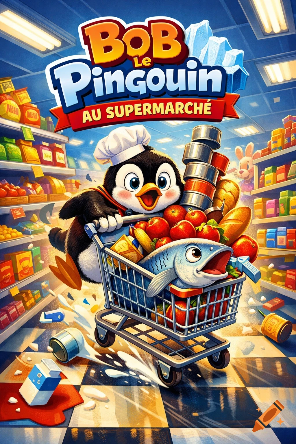 A cartoon penguin chef pushes an overflowing shopping cart through a colorful supermarket. Spilled milk is on the checkered floor. Title: "BoB Le Pingouin AU SUPERMARCH").