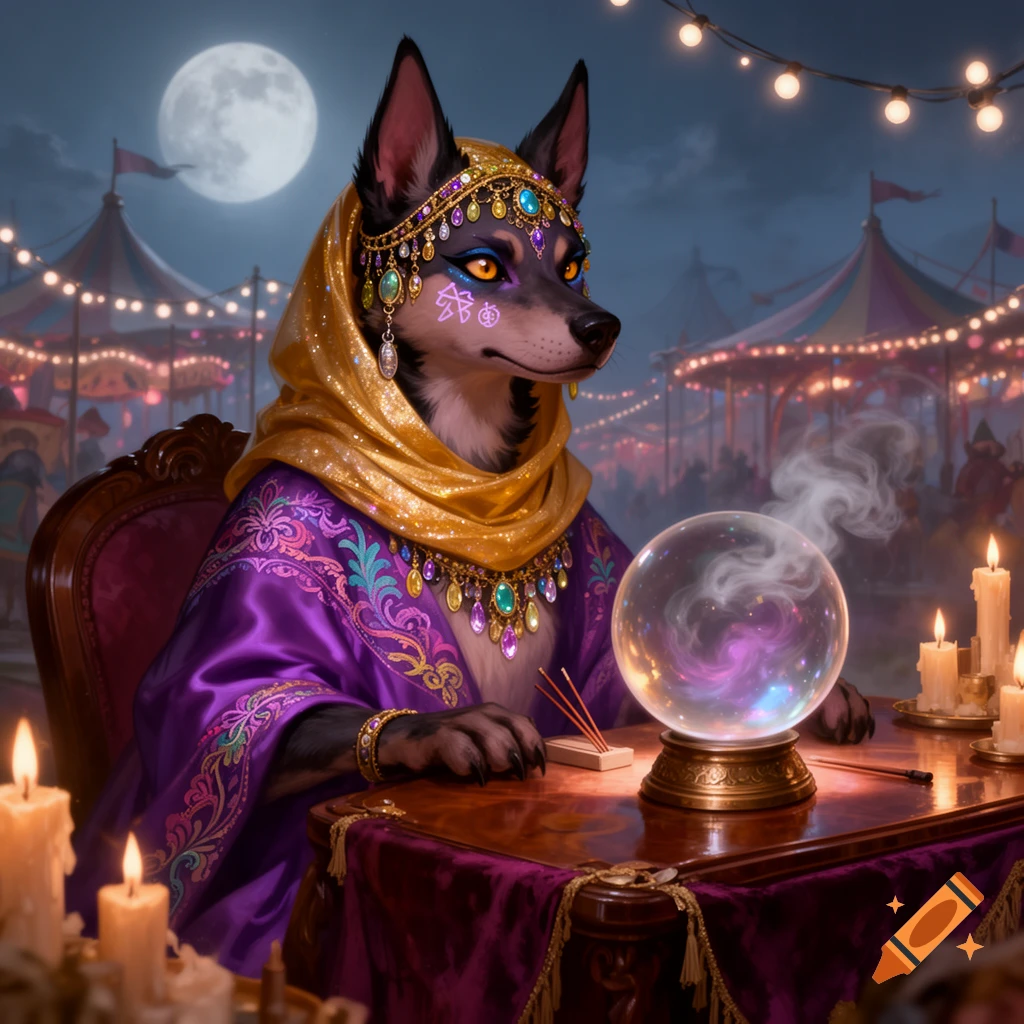 An anthropomorphic canine fortune teller in a gold scarf and purple robe gazes into a glowing crystal ball at a carnival under a full moon.