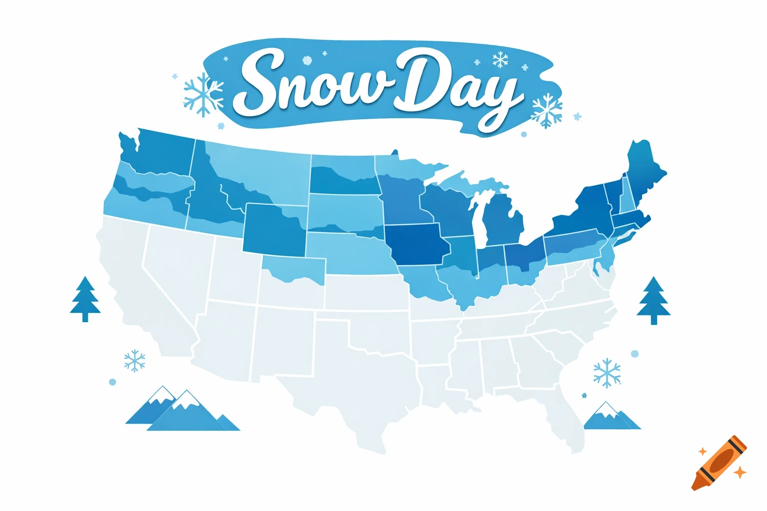 An illustration of a blue-shaded map of the USA indicating snow zones, with 'Snow Day' text and snowflakes above.