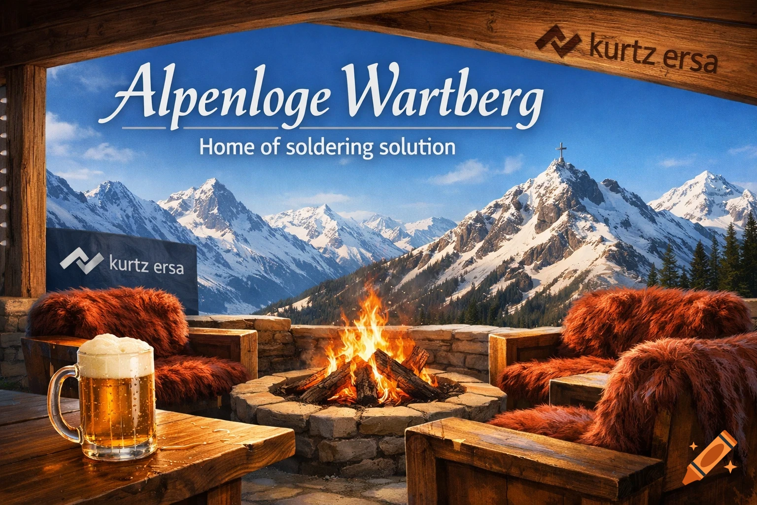 A cozy outdoor setting with a fire pit, wooden chairs with furry throws, a mug of beer, and a panoramic view of snow-capped mountains.