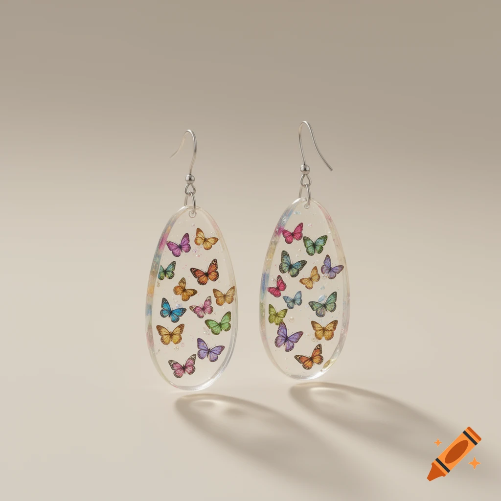 Photorealistic image of two oval, transparent resin dangle earrings with colorful embedded butterflies, on a neutral background.