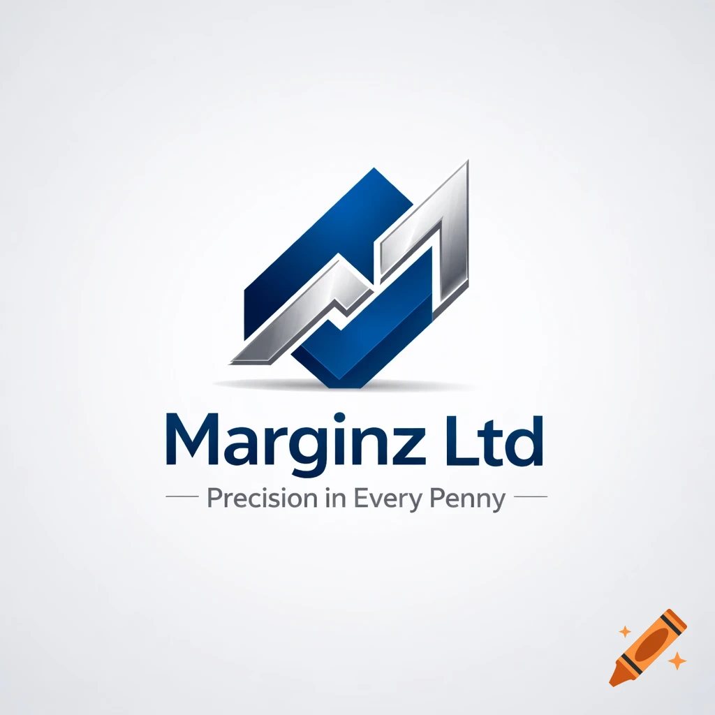 Blue and silver geometric logo for 'Marginz Ltd' with tagline 'Precision in Every Penny'.