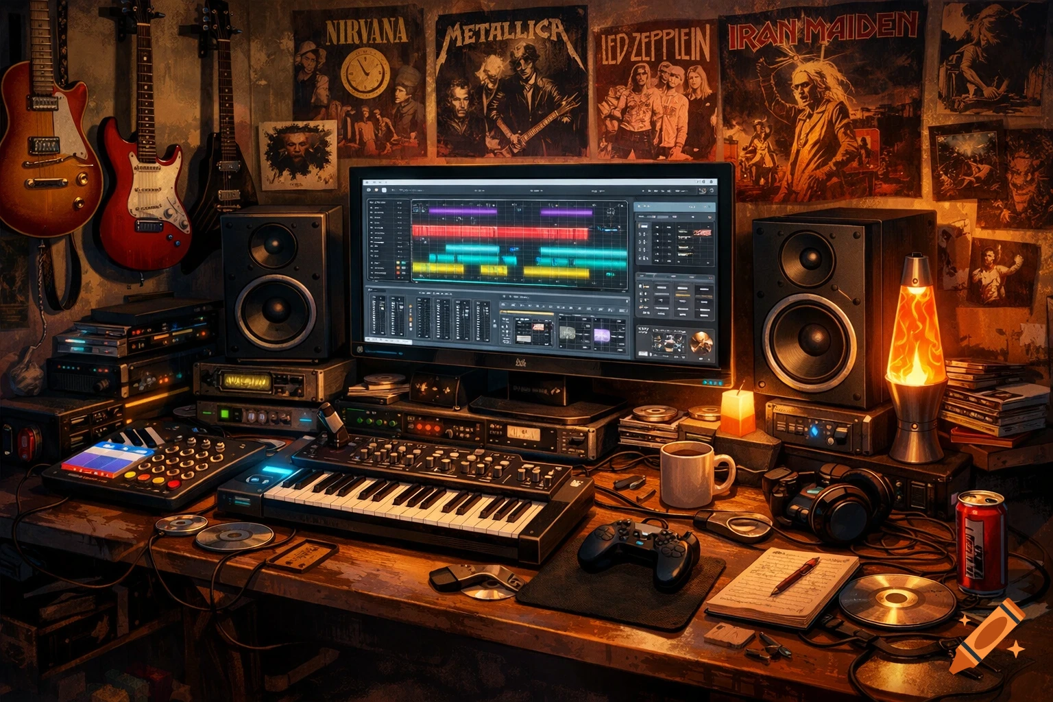 Detailed image of a music studio with guitars on the wall, rock band posters, a large computer screen with audio software, and various audio equipment on a wooden desk.