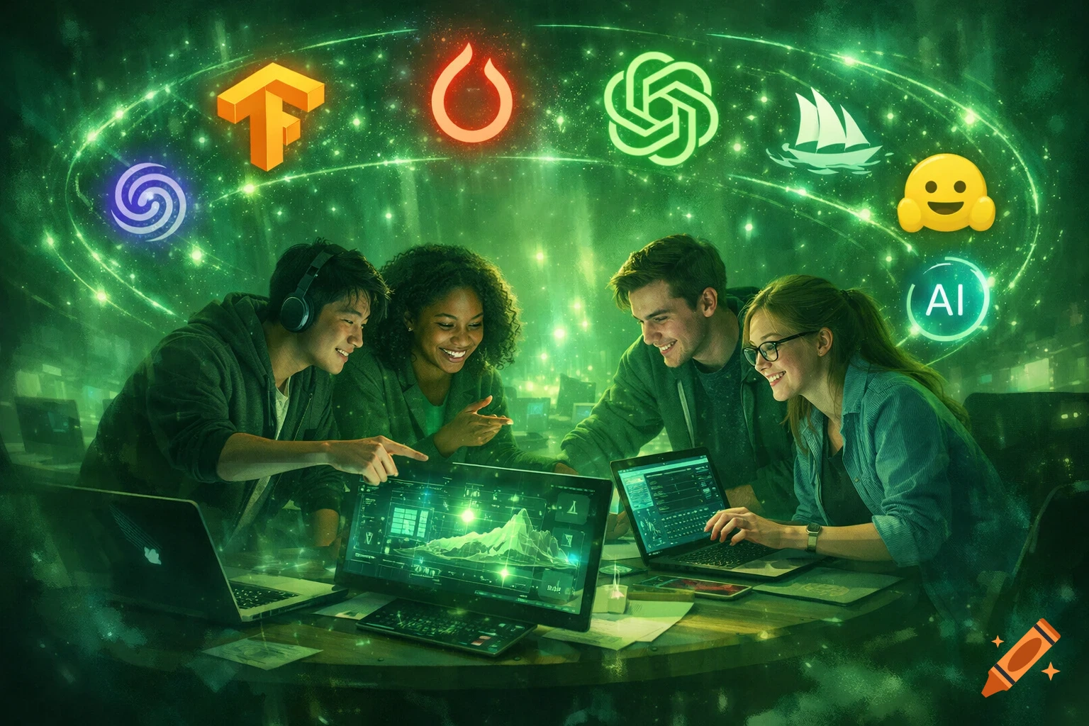 Four smiling students work on laptops in a vibrant green-lit room, surrounded by floating AI tool logos like TensorFlow, PyTorch, and OpenAI.