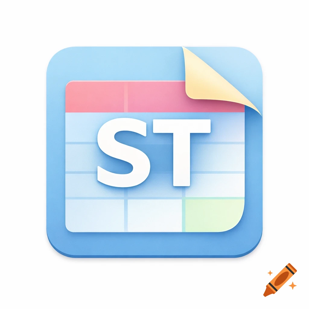 A light blue app icon with a calendar-like sheet showing 'ST' and a peeled corner in soft pastel colors.