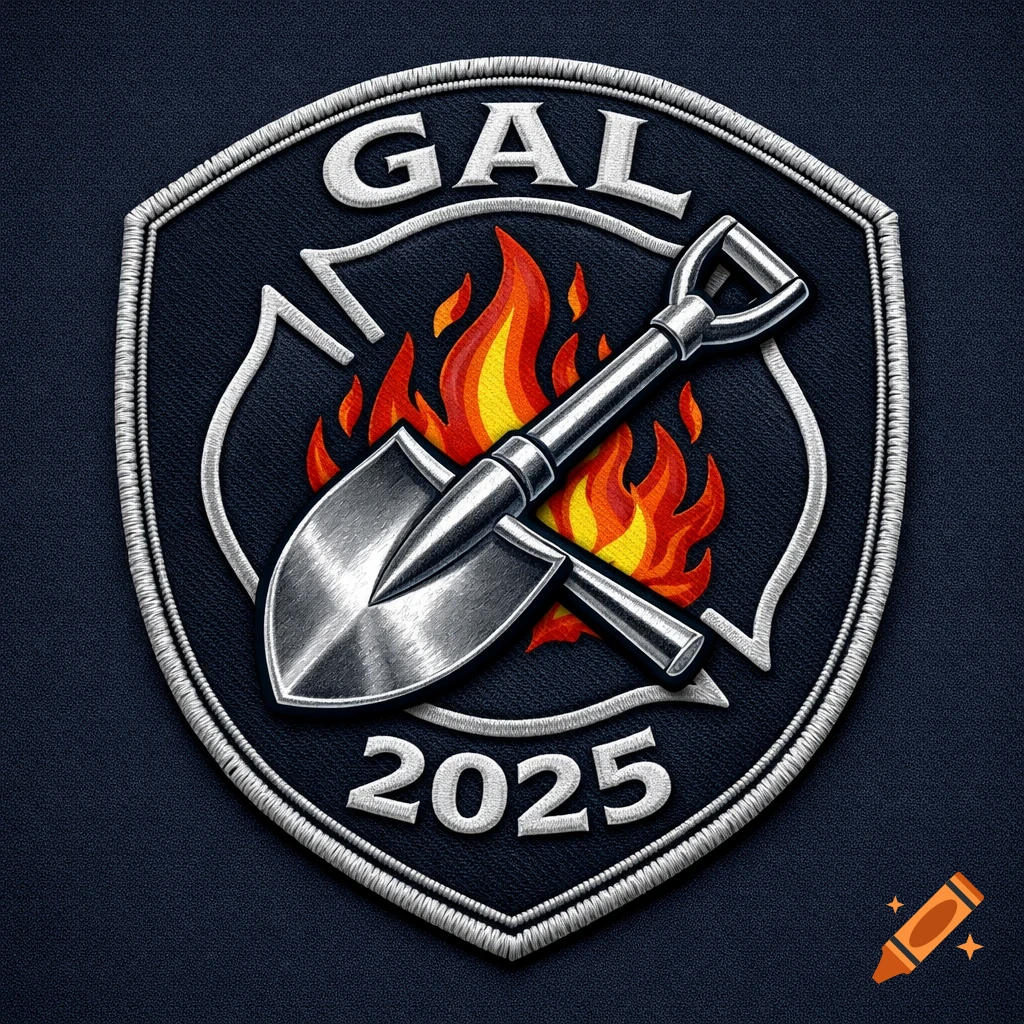 Embroidered firefighter patch featuring a silver shovel over red and orange flames, with 'GAL' at the top and '2025' at the bottom, on a dark blue shield background.