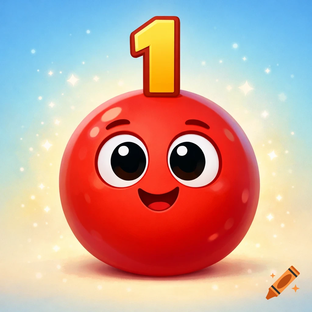 A cute, red spherical cartoon character with big eyes and a smile, with a yellow number 1 on its head, sparkling background.