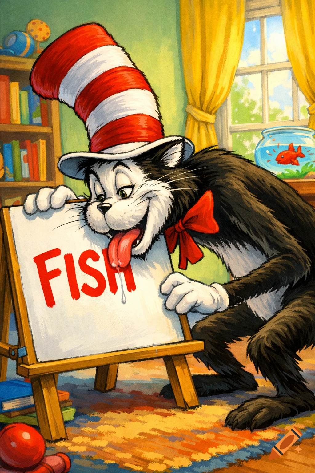 The Cat in the Hat licks a whiteboard displaying 'FISH' in a cartoon room with a fishbowl.