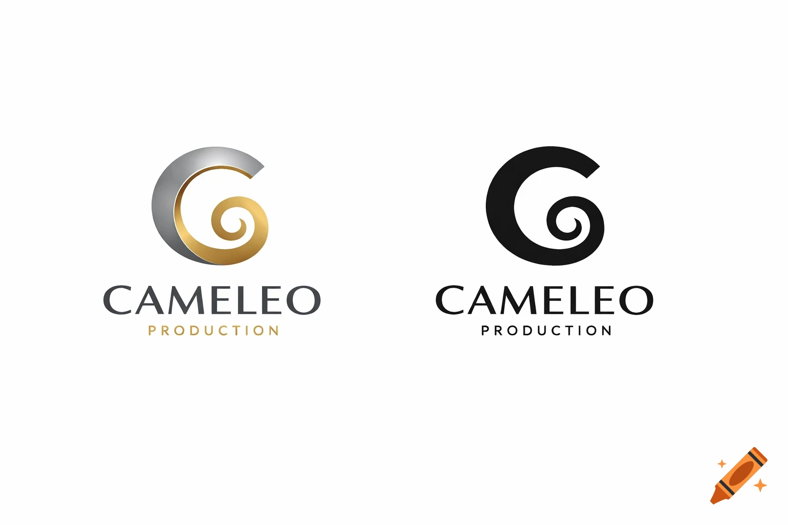 Two versions of a corporate logo. Left, a silver and gold C-shape with a spiral, and 'CAMELEO PRODUCTION'. Right, the same logo in solid black.