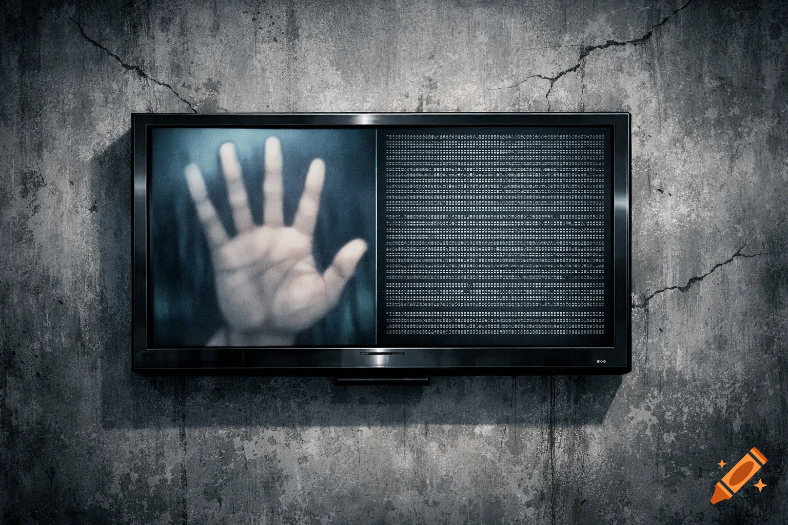 A TV on a cracked gray wall displays a blurred hand on the left and illegible digital code on the right.