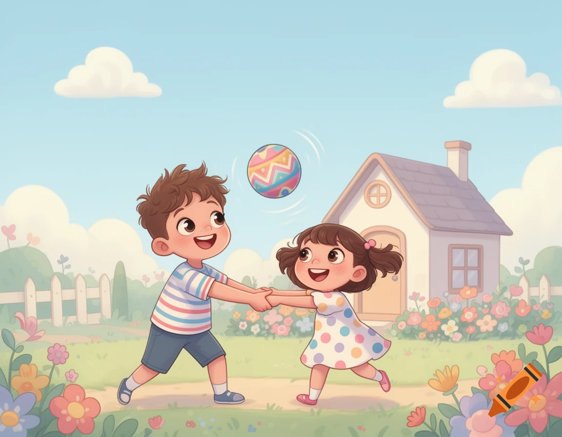 Cute cartoon of a happy boy and girl holding hands, playing with a colorful ball in a bright garden with a small house.