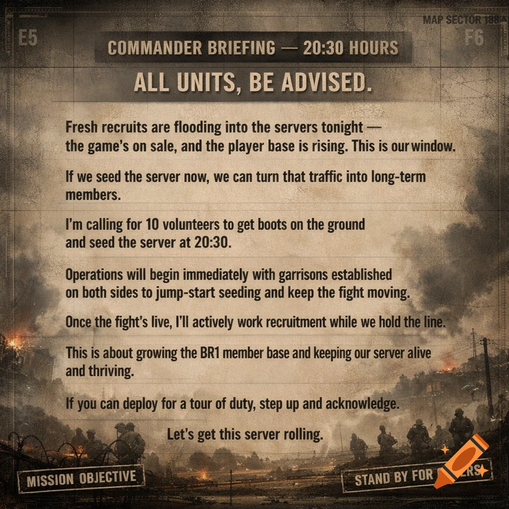 A gritty, vintage-style military briefing document with text against a smoky WWII battlefield backdrop with silhouettes of soldiers. The text describes a call to action for server seeding for a game.
