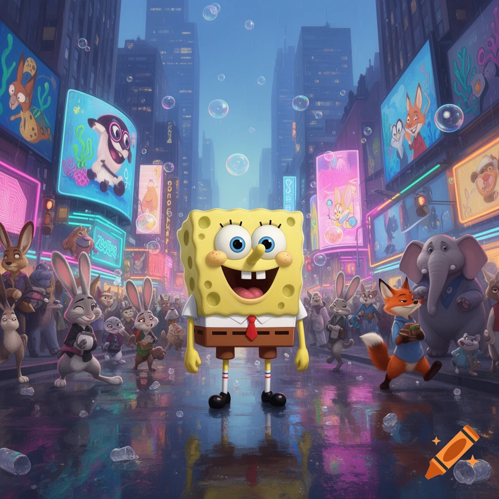 SpongeBob SquarePants stands smiling in a rainy, neon-lit Zootopia city street, surrounded by anthropomorphic animals.