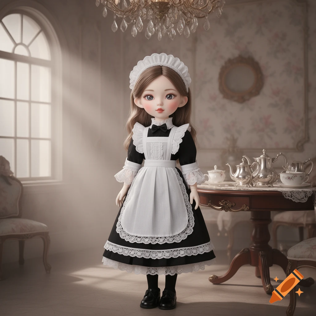A detailed doll in a black and white maid uniform stands in a vintage room with a chandelier and a tea set.
