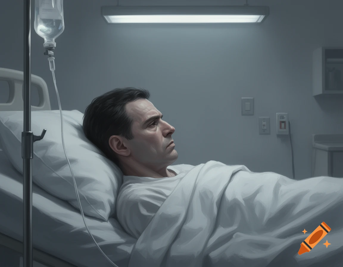 Photorealistic image of a pale, exhausted man lying in a hospital bed with an IV drip, looking severely ill.