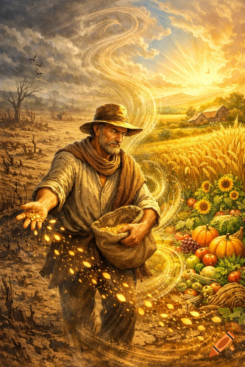 A man in a hat sows glowing seeds, transforming a barren field into a golden, bountiful harvest under a dramatic sky.