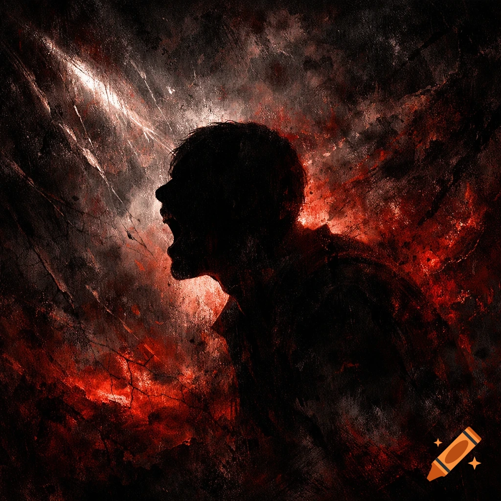 A dark silhouette of a person screaming in profile against a vibrant red and black textured background with white light streaks.