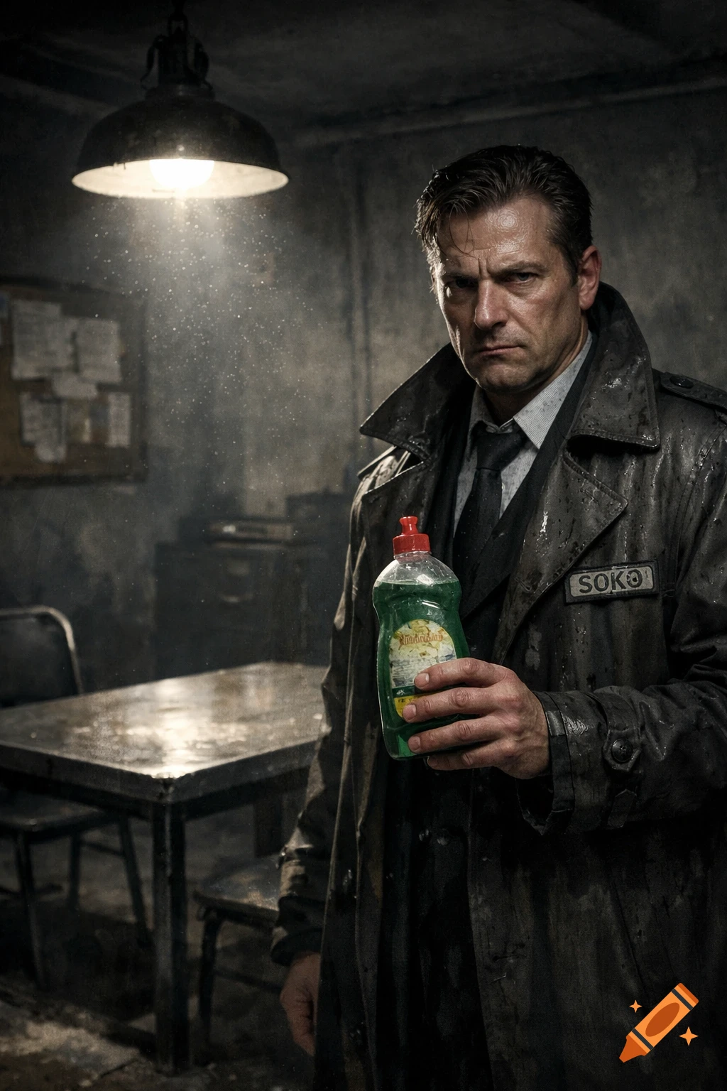 A man in a wet trench coat, resembling a detective, holds a green dish soap bottle in a dimly lit, grungy room, looking sternly at the viewer.