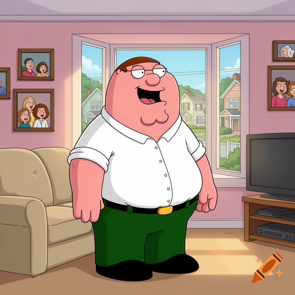 Peter Griffin from Family Guy stands smiling broadly in his living room, wearing a white shirt and green pants.