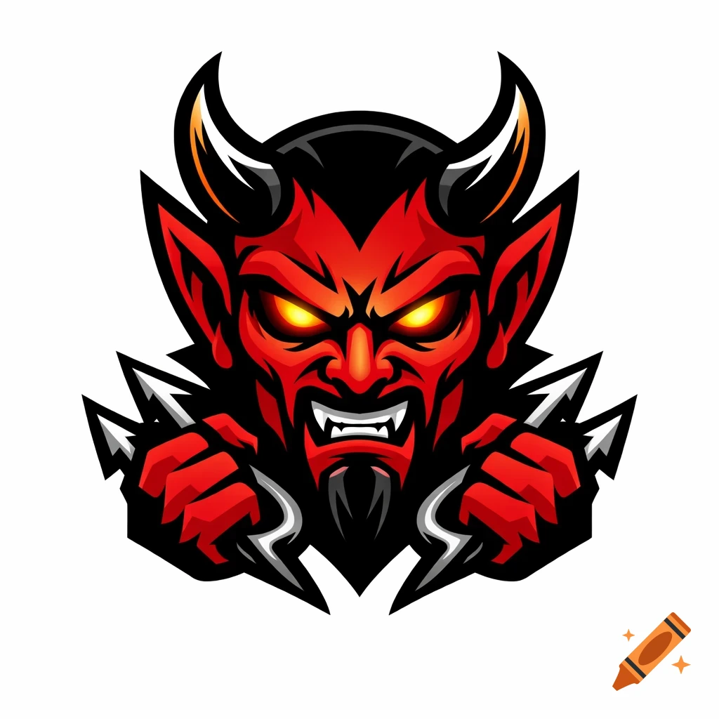 A fierce red devil mascot illustration with glowing orange eyes, horns, sharp teeth, and claws.