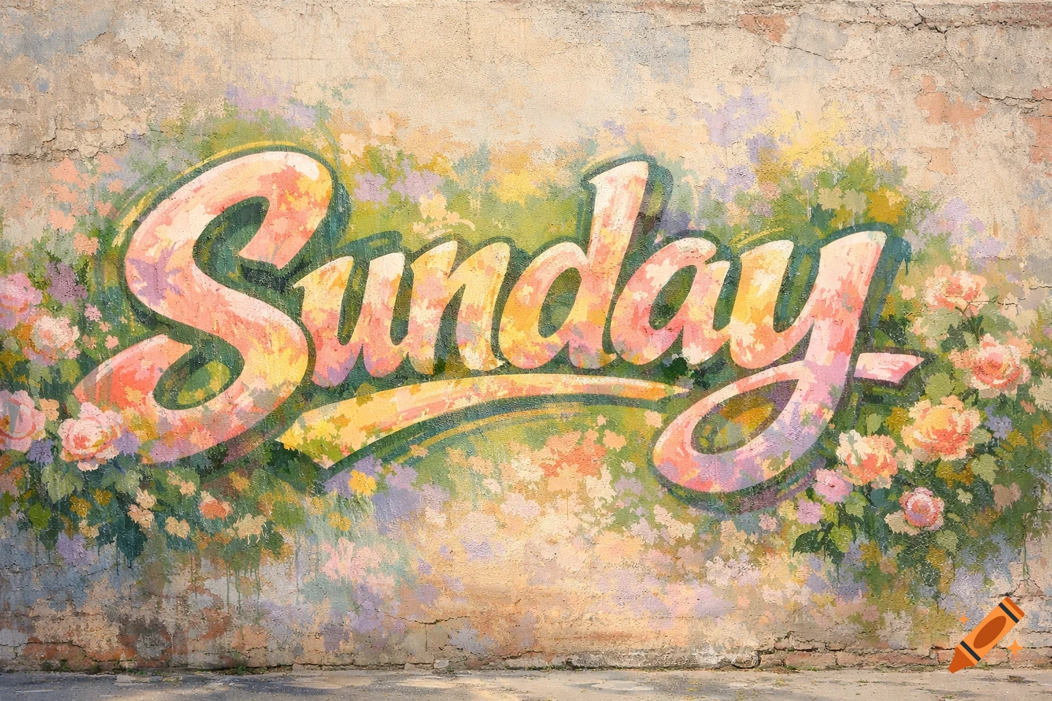 Graffiti art of the word 'Sunday' in a pastel floral style on a textured wall, reminiscent of impressionist paintings.