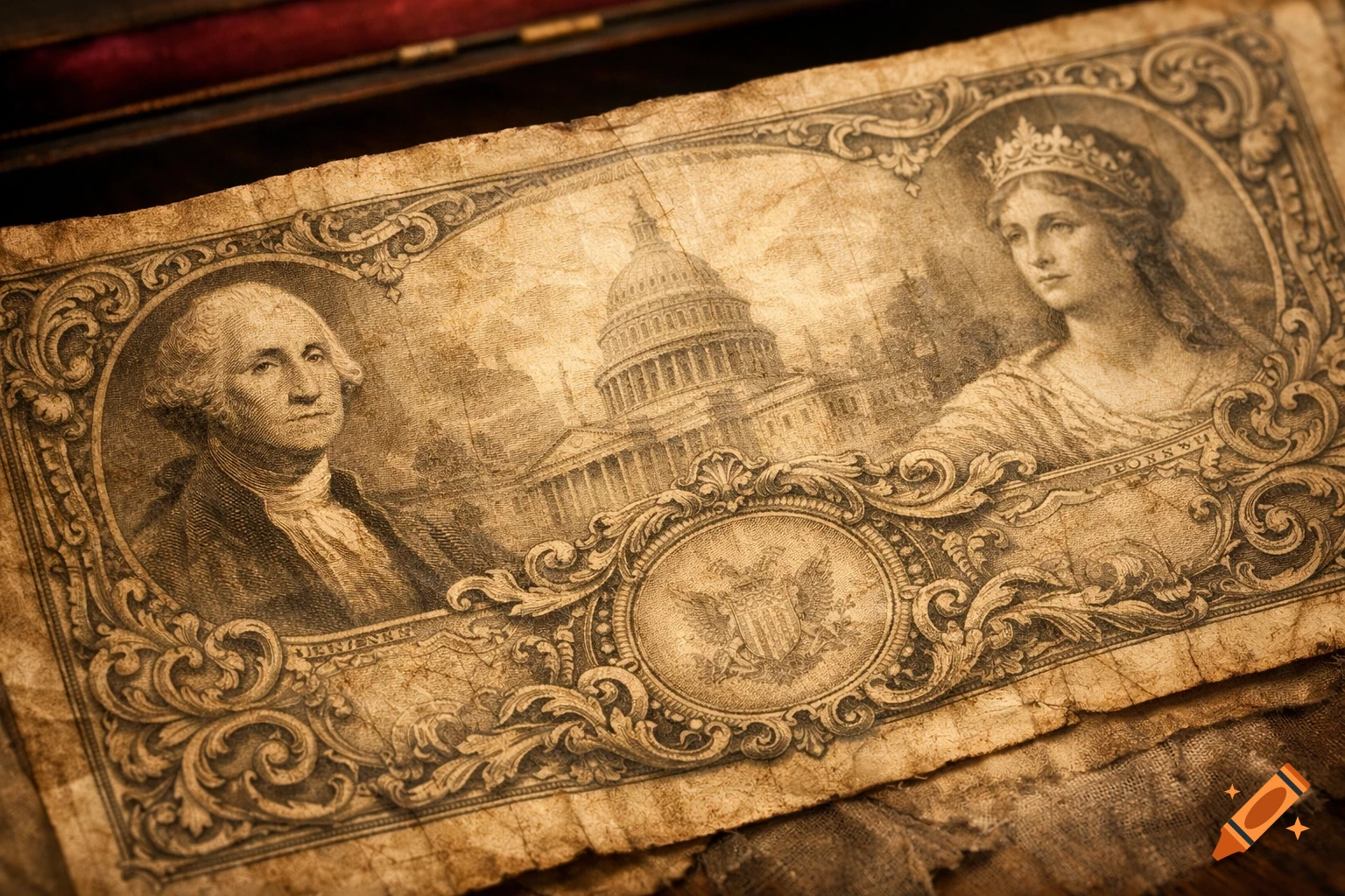 An antique, sepia-toned banknote featuring a portrait of George Washington, the U.S. Capitol building, and a crowned woman, with ornate borders and a weathered texture.