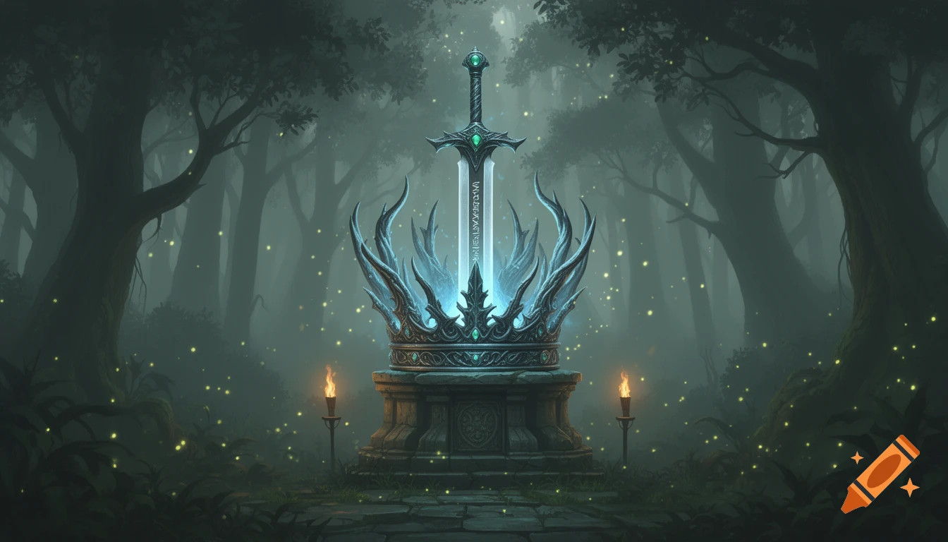 A glowing sword piercing a mystical crown in a dark, misty fantasy forest with fireflies and torches.