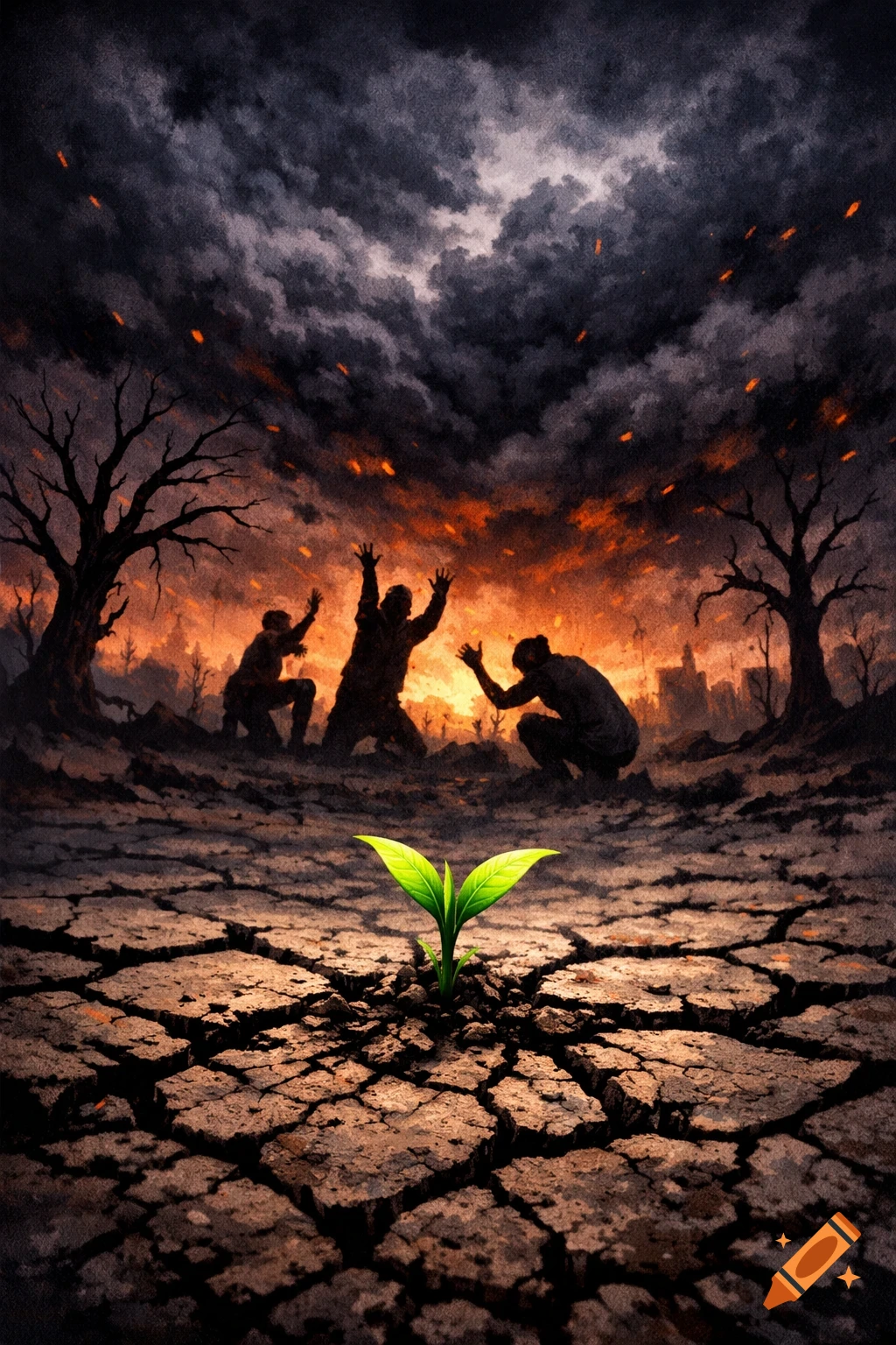 A lone green sprout grows in cracked, dry earth under a dark, fiery sky with silhouetted figures observing.