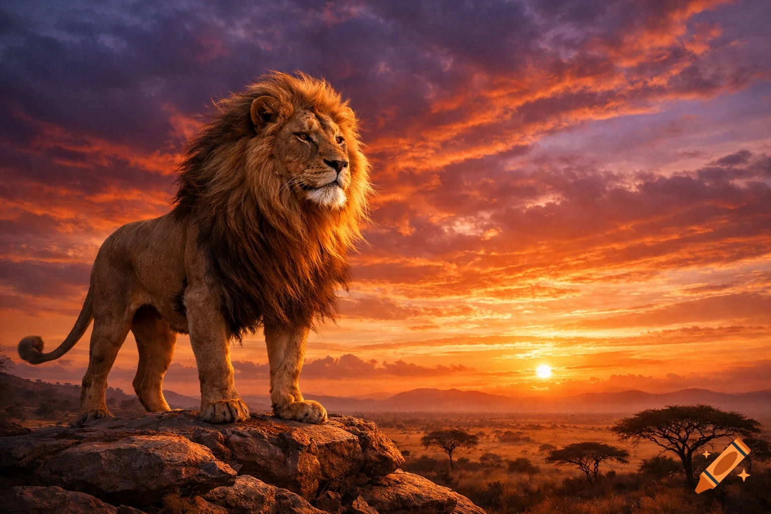 A majestic lion stands proudly on rocks, looking to the right, against a vibrant orange and purple sunset sky over a savanna.