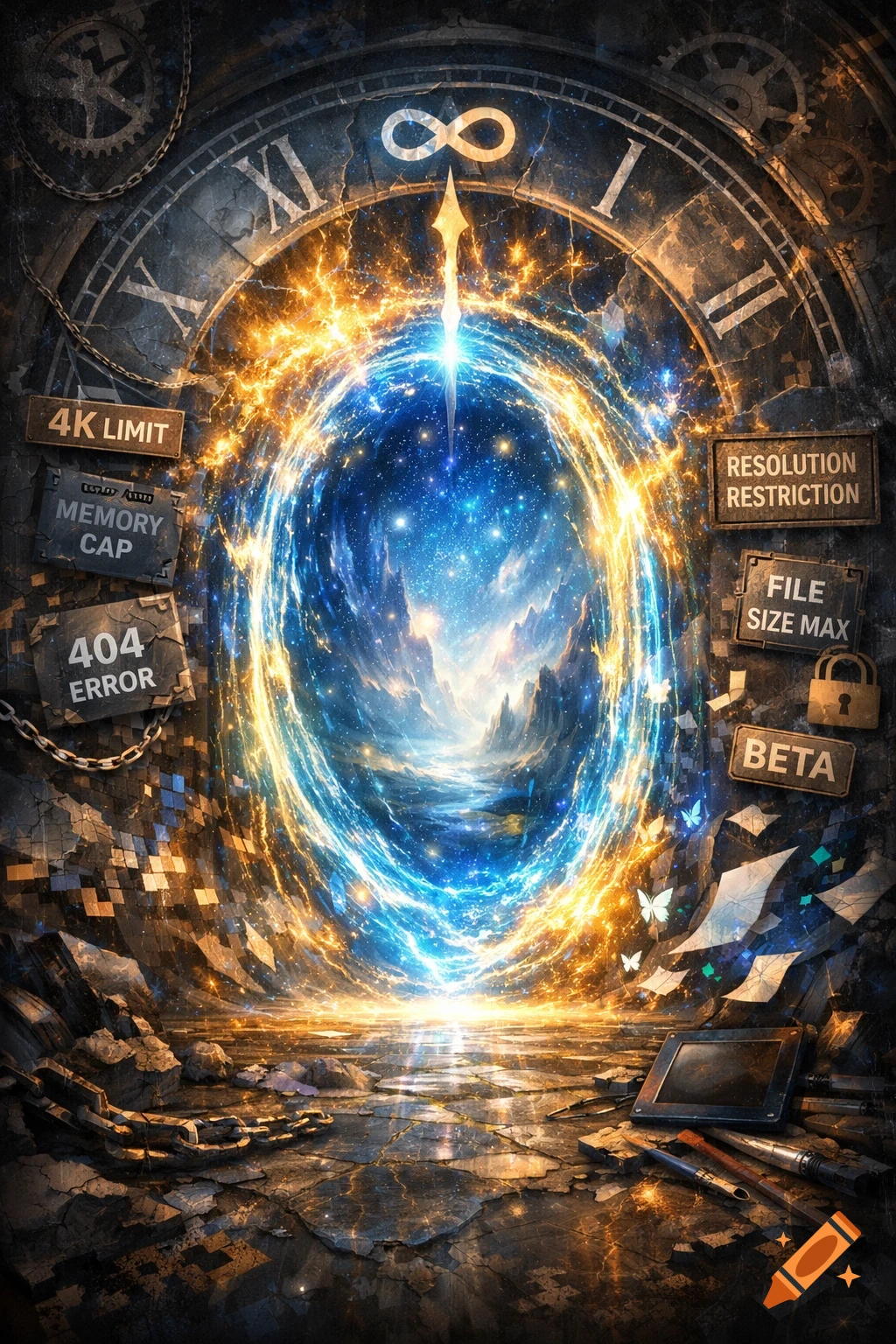 A cosmic portal in shades of blue and gold emerges from a cracked clock face, surrounded by signs with technical limits and digital debris.