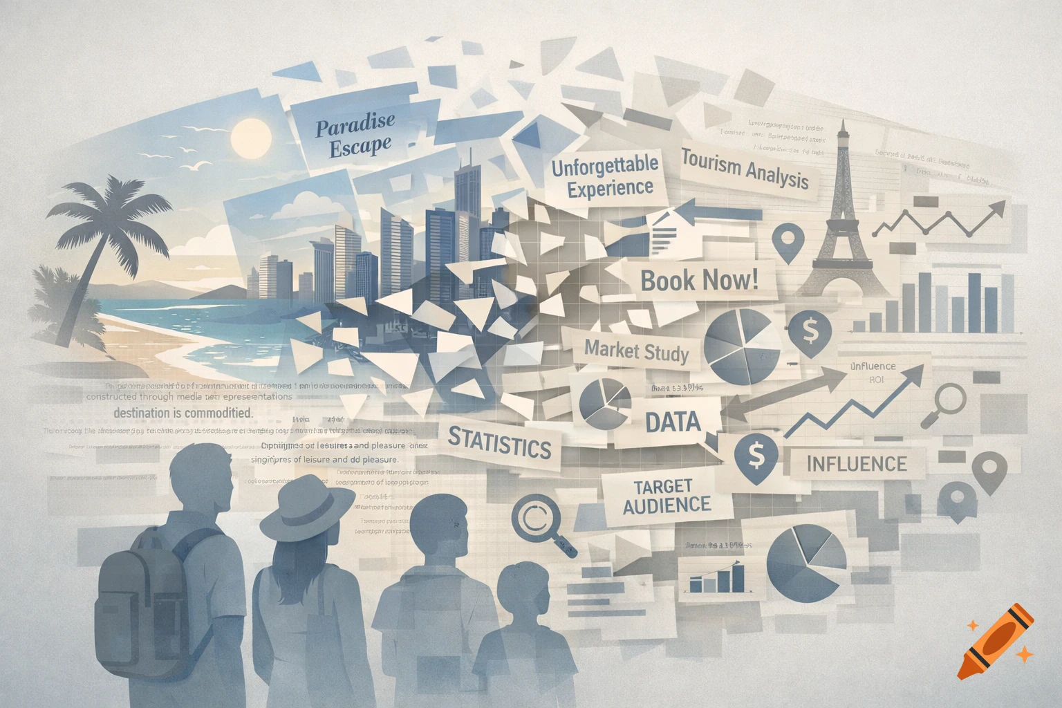 Conceptual illustration showing tourist silhouettes facing abstract travel imagery like beaches and cities, merging with data, graphs, and marketing text fragments like 'Paradise Escape' and 'Book Now!', in a clean infographic style with blue, gray, and beige tones.
