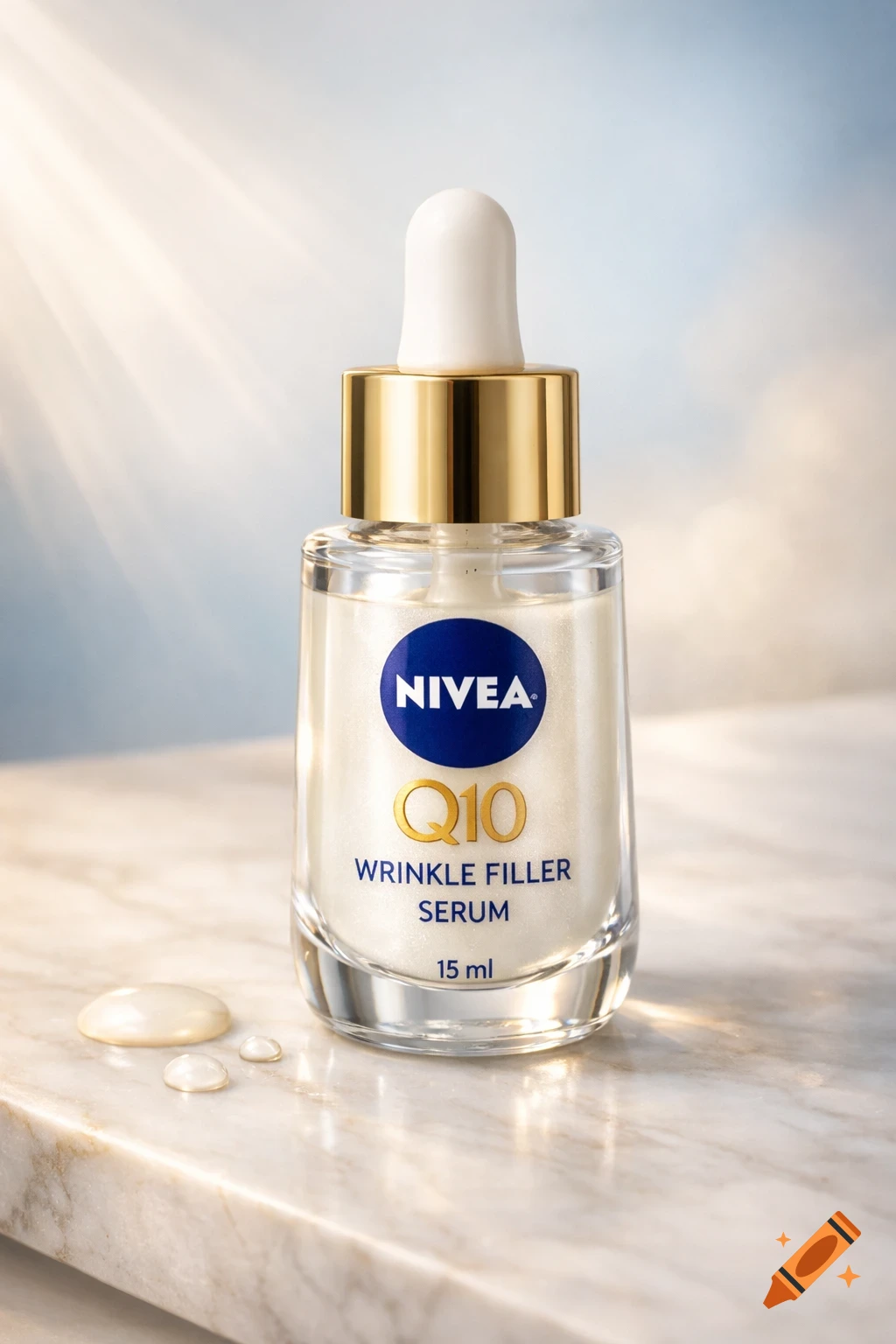 Photorealistic close-up of a Nivea Q10 Wrinkle Filler Serum bottle with a golden cap, sitting on a light marble surface with serum drops.