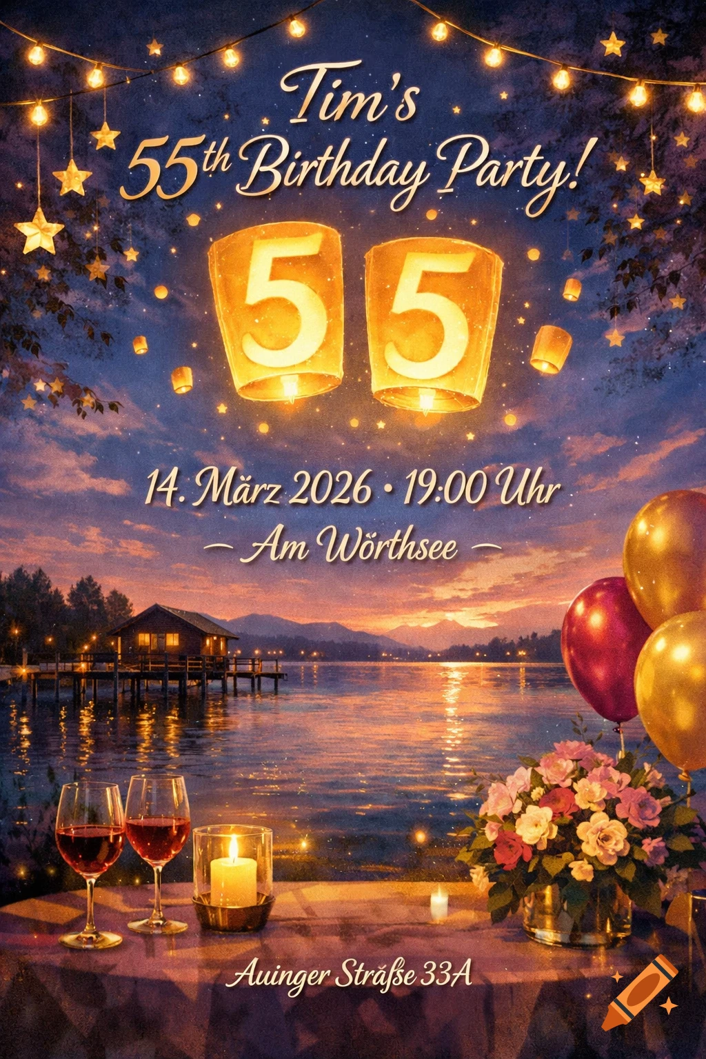 A stylized birthday invitation with "Tim's 55th Birthday Party!" text, two large '55' lanterns, and a scenic lake background at sunset with a house, string lights, balloons, flowers, and wine glasses.