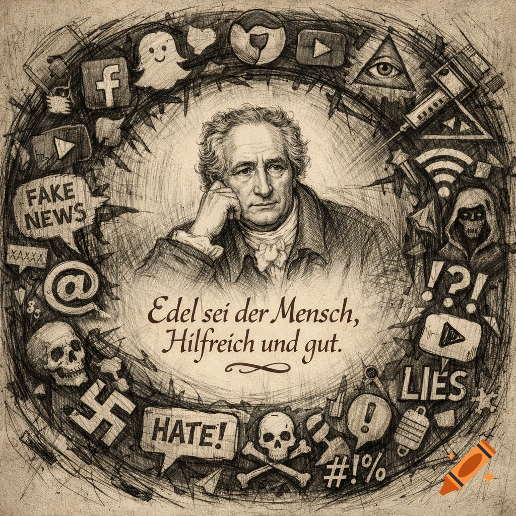 Sketchy illustration of Goethe in the center, surrounded by a threatening circular frame of modern media icons, social media logos, and speech bubbles reading 'FAKE NEWS', 'HATE!', and 'LIES', along with symbols of conspiracy theories and negative elements like a swastika, skulls, and a syringe.