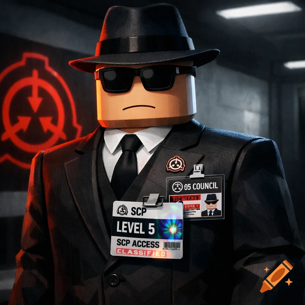 Blocky Roblox avatar in a black suit, fedora, and sunglasses, wearing SCP Foundation O5 Council and Level 5 access badges, with a red SCP logo in the background.