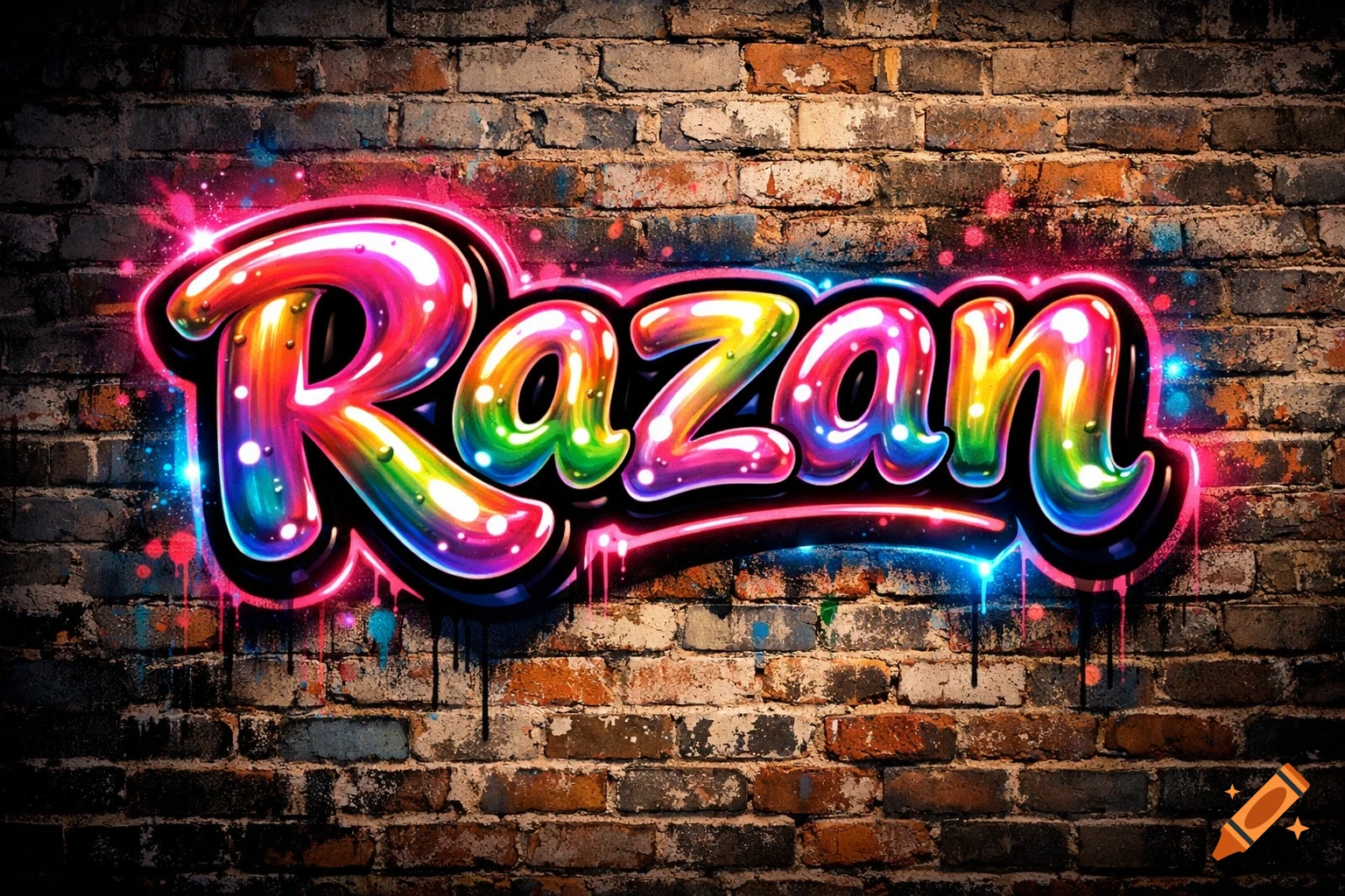 A vibrant, glowing bubble letter graffiti spelling the name "Razan" on a dark, textured brick wall, in a street art style.