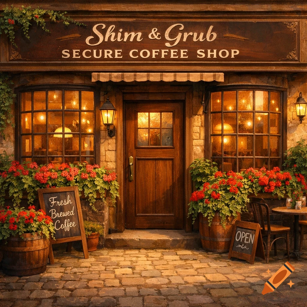 Charming, warmly lit coffee shop facade with a wooden door, large windows, flower boxes, and a cobblestone path.