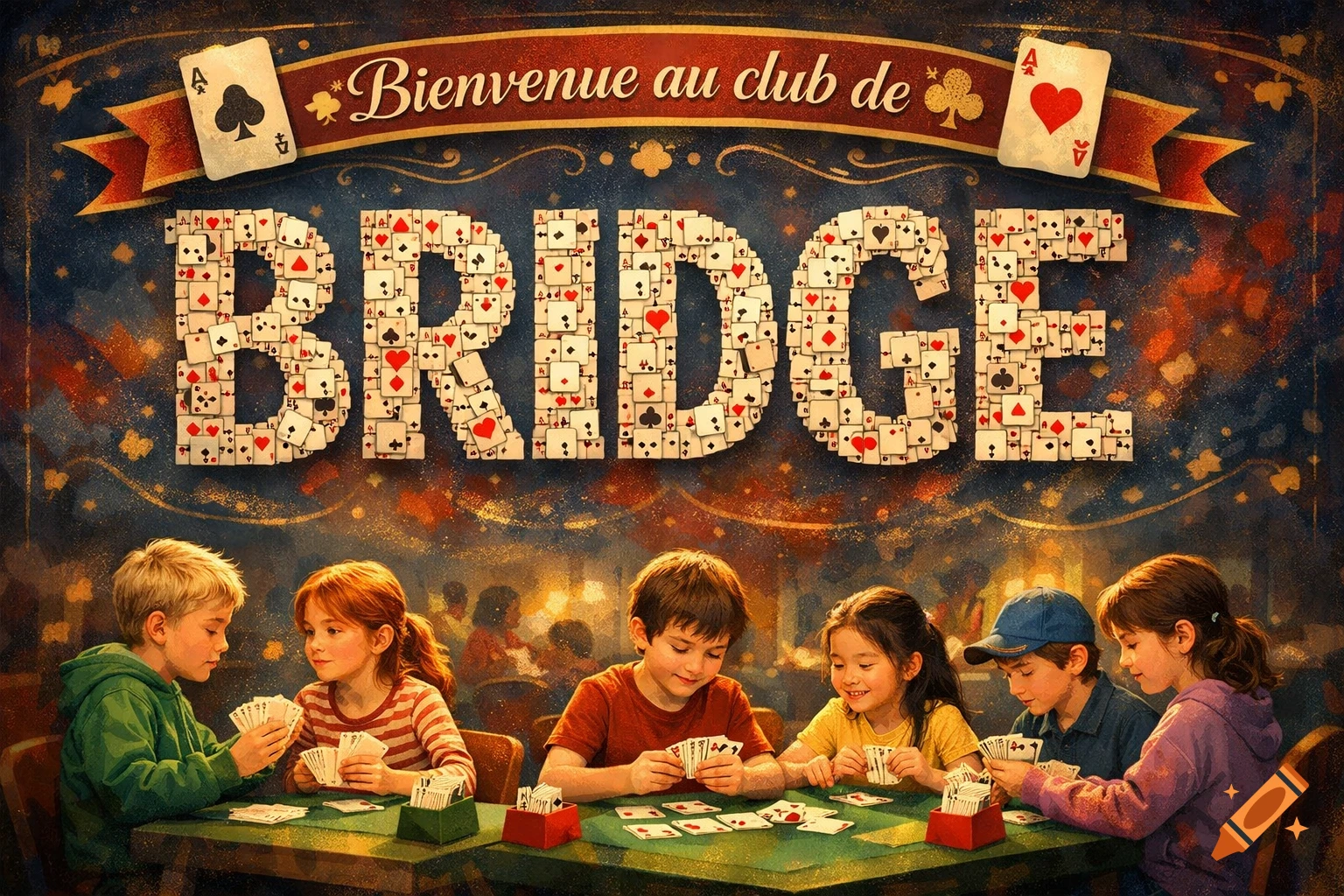 Illustrated poster of five children playing card games at a green table. A banner reads "Bienvenue au club de" and "BRIDGE" is spelled with playing cards.