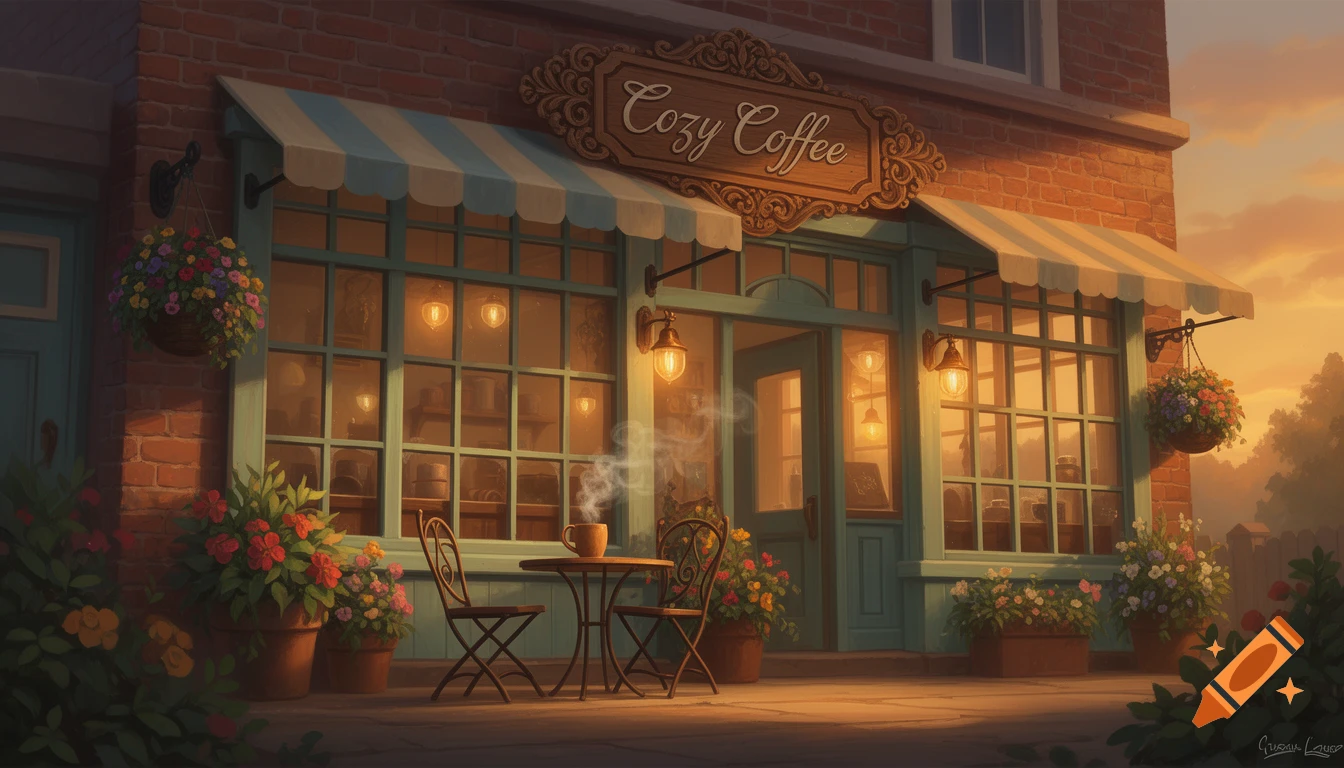 Cozy coffee shop exterior at sunset, digital painting, with a 'Cozy Coffee' sign, outdoor table and chairs, and potted flowers.