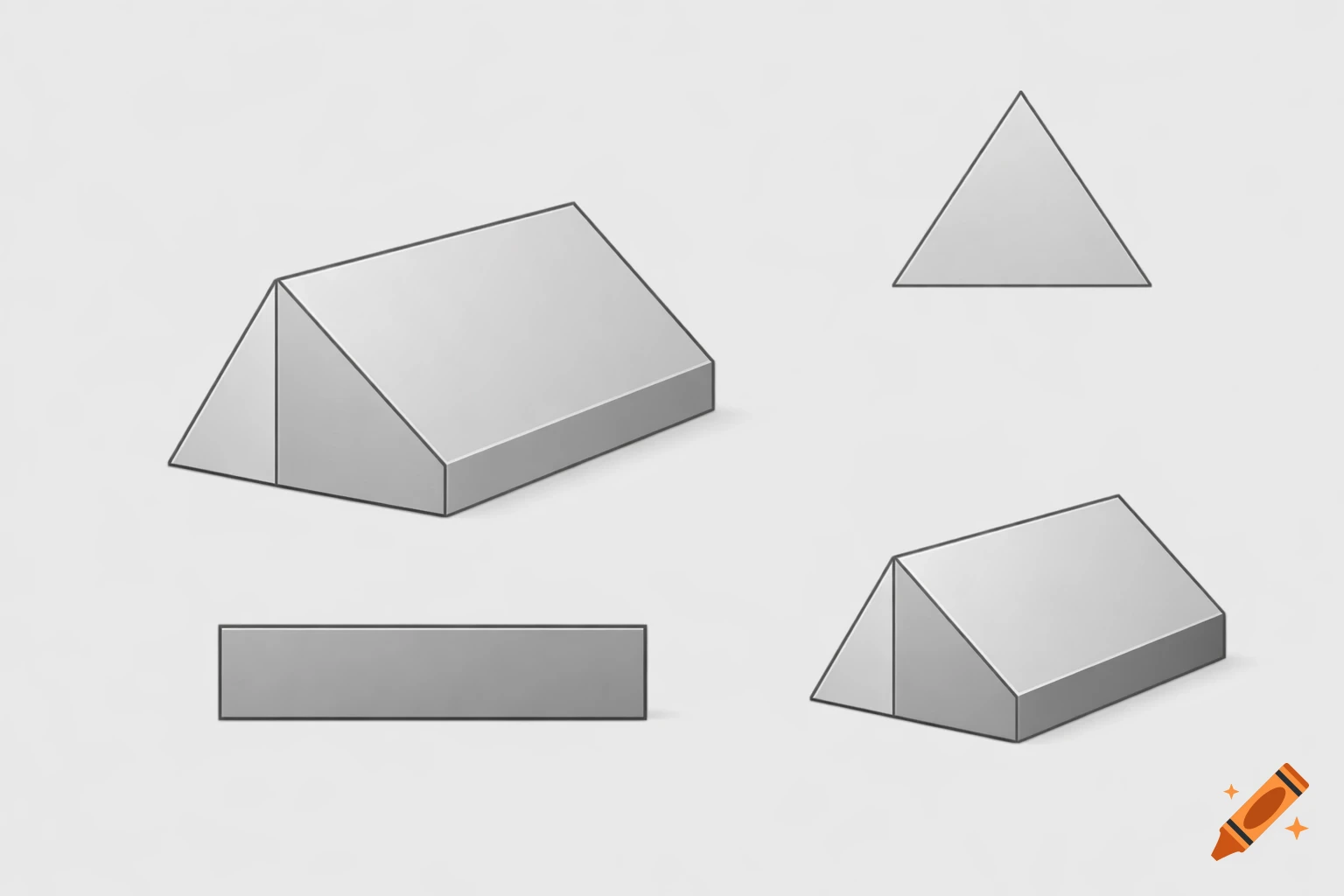 Four views of a gray triangular prism, including two isometric views, a triangular base, and a rectangular side.