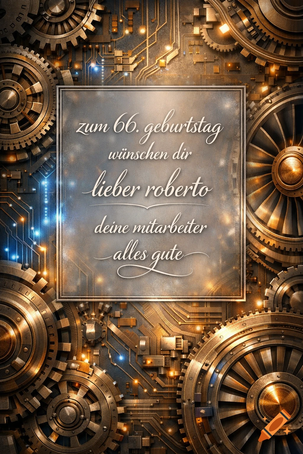 A detailed birthday card with German text 'zum 66. geburtstag wünschen dir lieber roberto deine mitarbeiter alles gute' on a mechanical and circuit board background.
