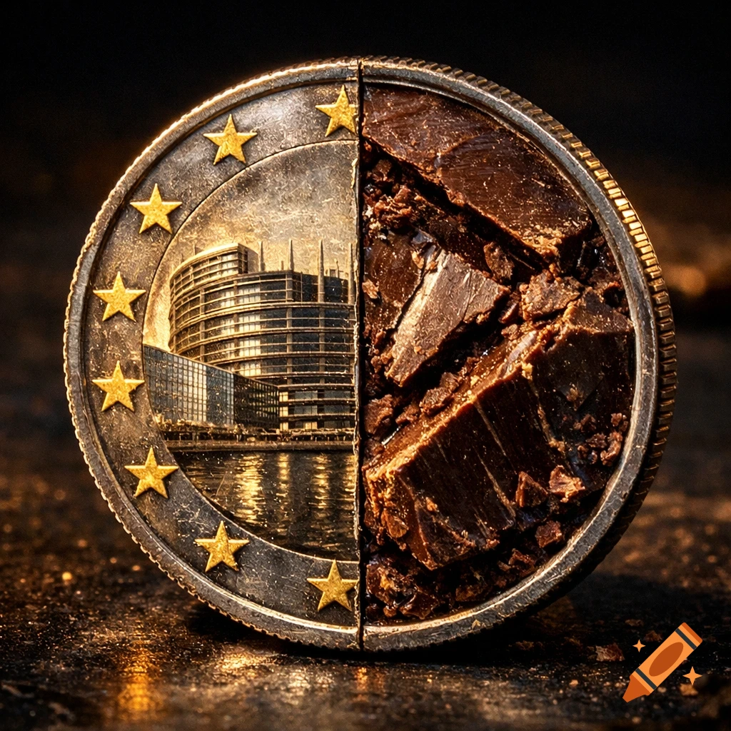 A close-up of a two-euro coin split into two halves, one showing a detailed European Parliament building, the other a broken chocolate bar, all surrounded by golden stars.