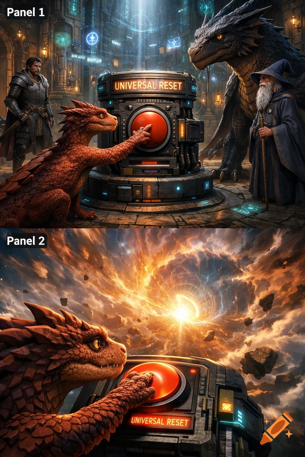 A two-panel fantasy art piece. A lesser dragon presses a 'Universal Reset' button, first in a magical tower, then against a cosmic explosion.