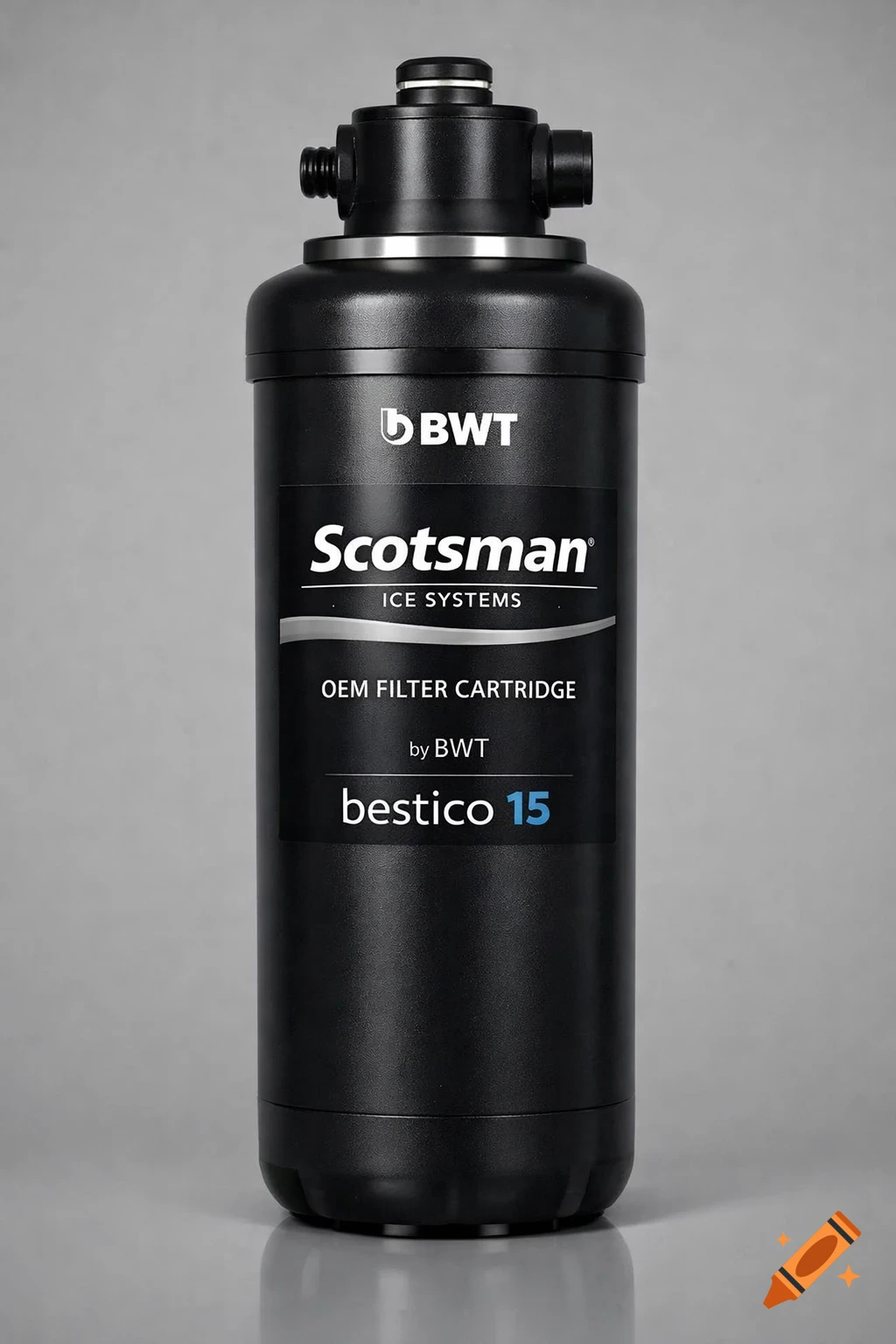 A black BWT water filter cartridge with "Scotsman Ice Systems" and "bestico 15" labels, standing on a grey background.